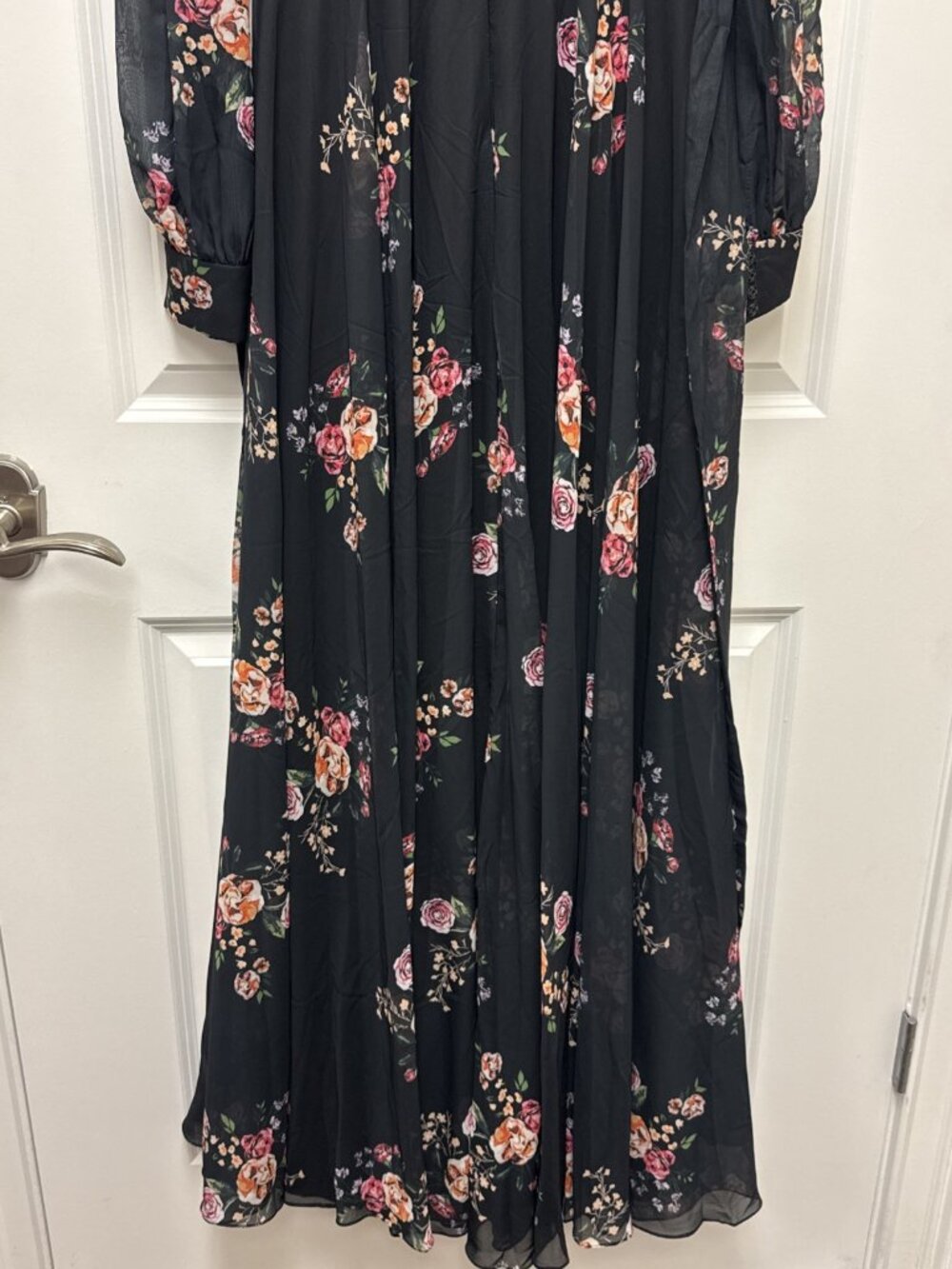 Mac Duggal Size 6 Black Floral 55661 Belted Long Sleeve V-neck Gown Dress Flaws - Picture 11 of 16
